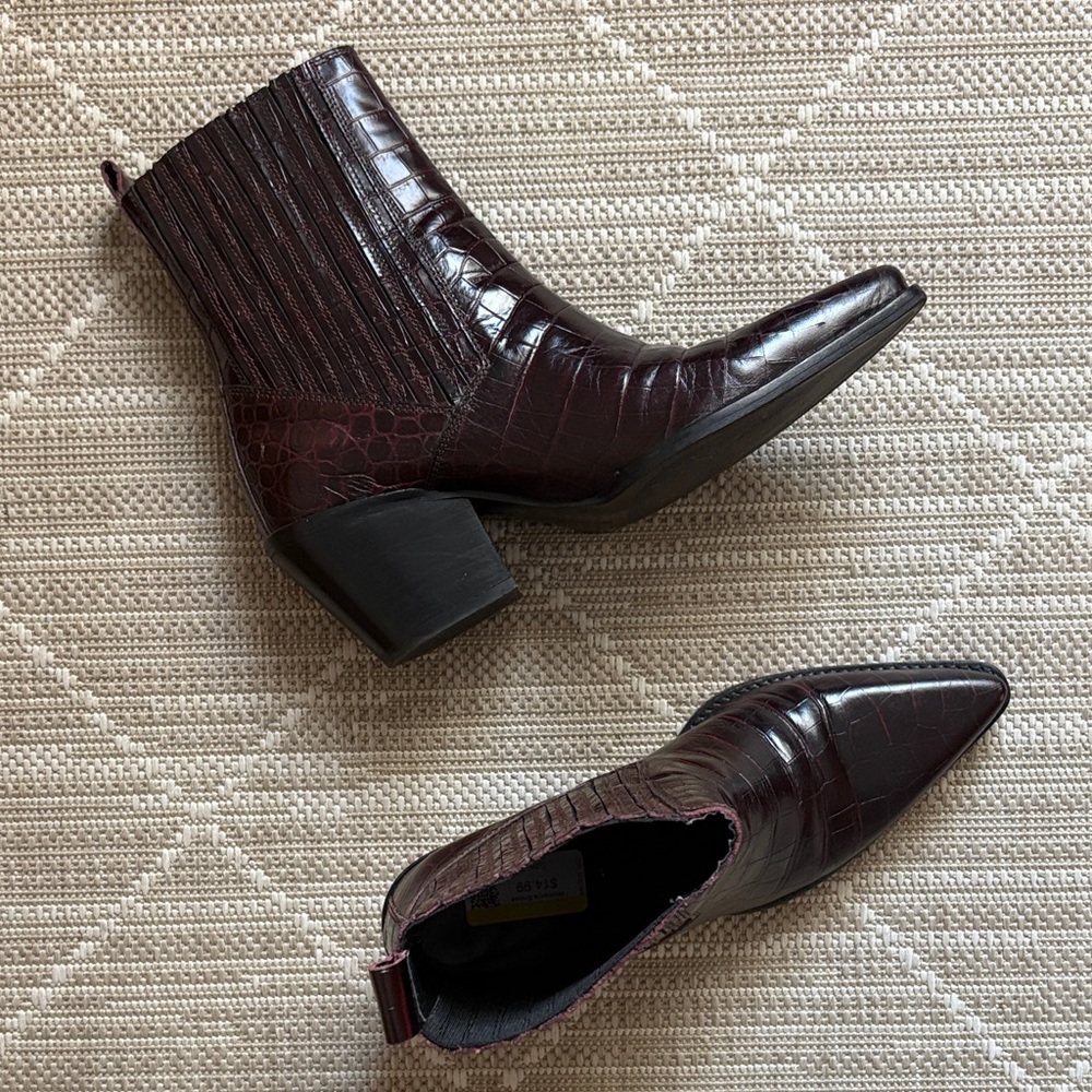 Zara Burgundy Croc-Embossed Leather Ankle Boots - Picture 5 of 10